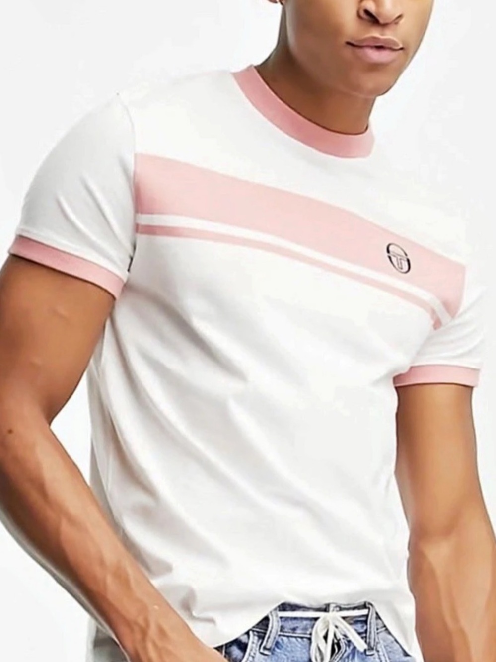 Sergio Tacchini Men’s 100% Cotton Retro Ringer Tennis T-Shirt White Pink Size L